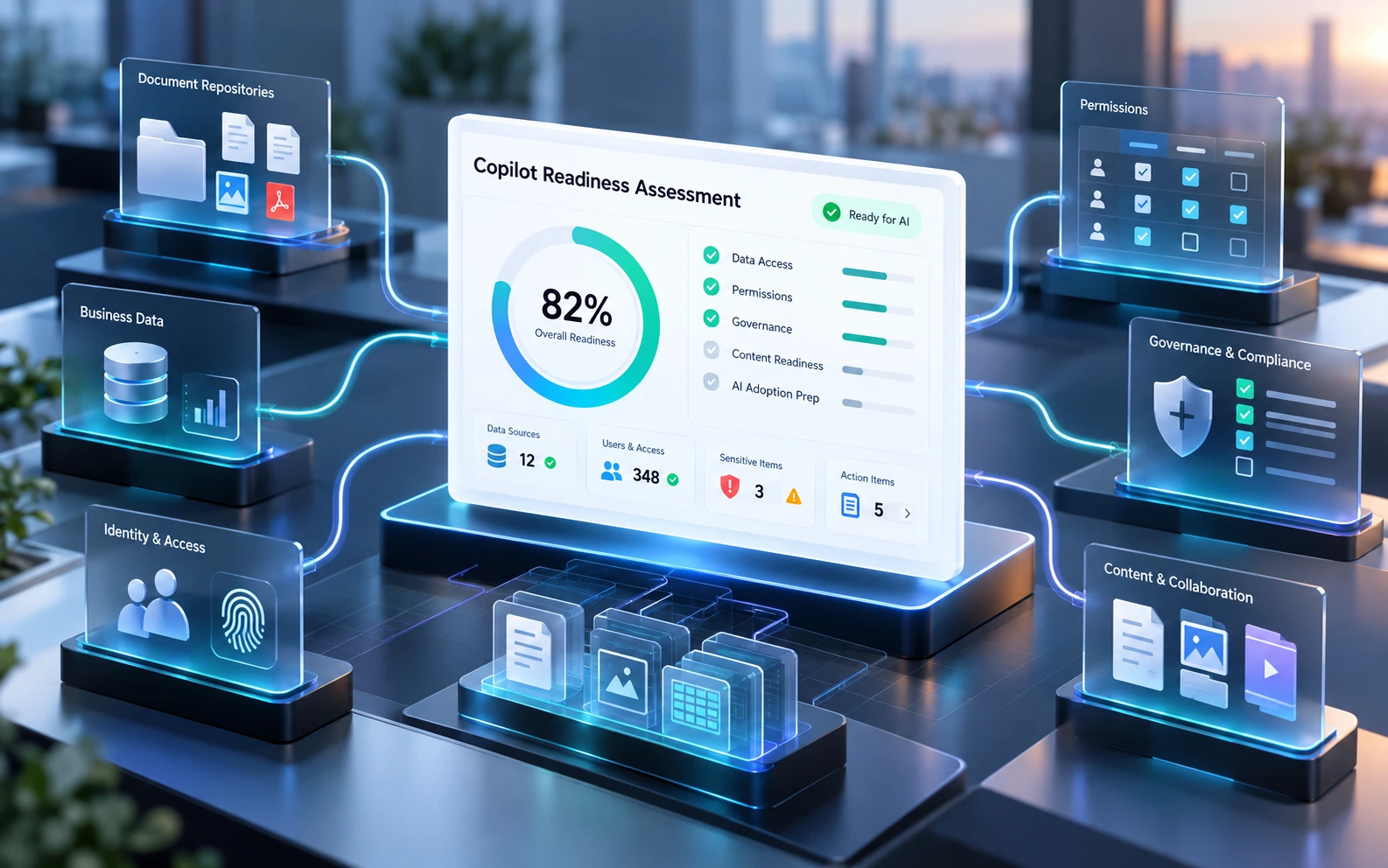 Copilot readiness assessment reviewing data access, permissions, governance, content, identity, and collaboration