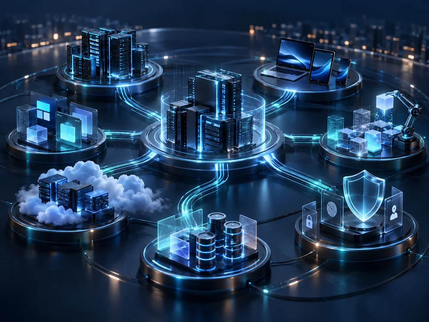 Connected enterprise technology environment spanning infrastructure, cloud, endpoints, applications, automation, data, and security