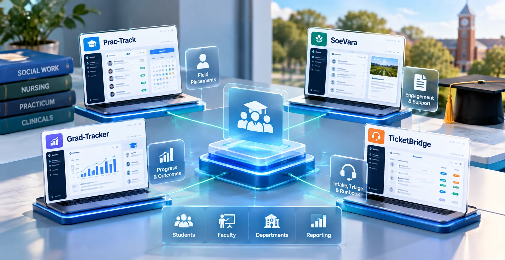 Connected education software suite for field experience, practicum, student progress, outcomes, and service operations